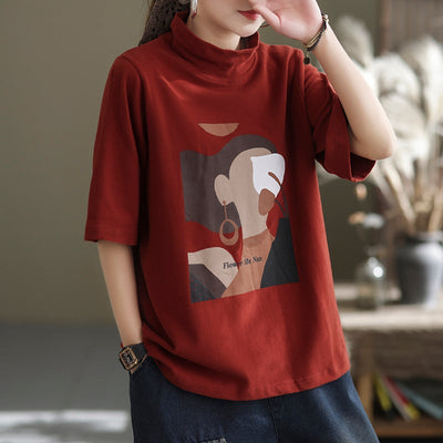 Spring Women Loose Cartoon Print Half Sleeve T-Shirt Dec 2021 New Arrival One Size Red 