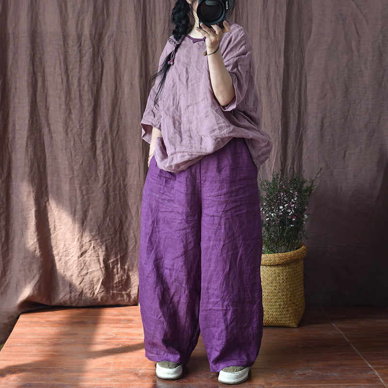 Spring Women Loose Plus Size Vintage Linen Pants Mar 2022 New Arrival Purple One Size 