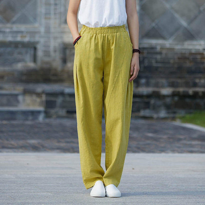 Spring Women Retro Cotton Linen Casual Harem Pants Mar 2022 New Arrival One Size Yellow 