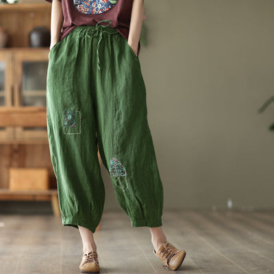 Spring Women Retro Patchwork Loose Linen Pants Apr 2022 New Arrival One Size Green 