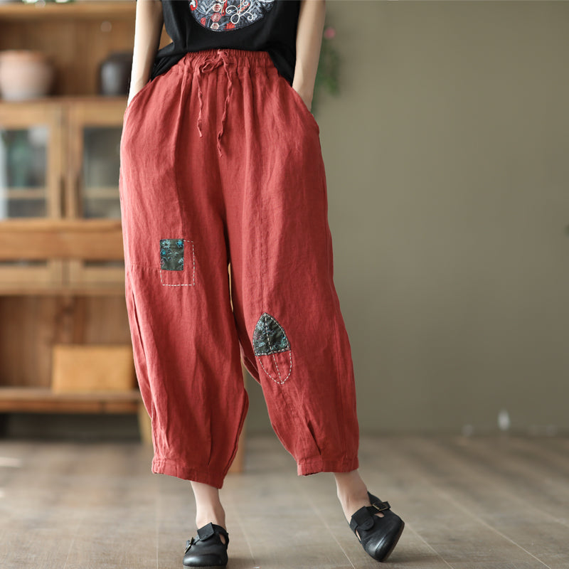 Spring Women Retro Patchwork Loose Linen Pants Apr 2022 New Arrival One Size Red 