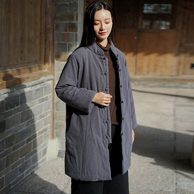 Stand Collar Cotton Linen Solid Coat