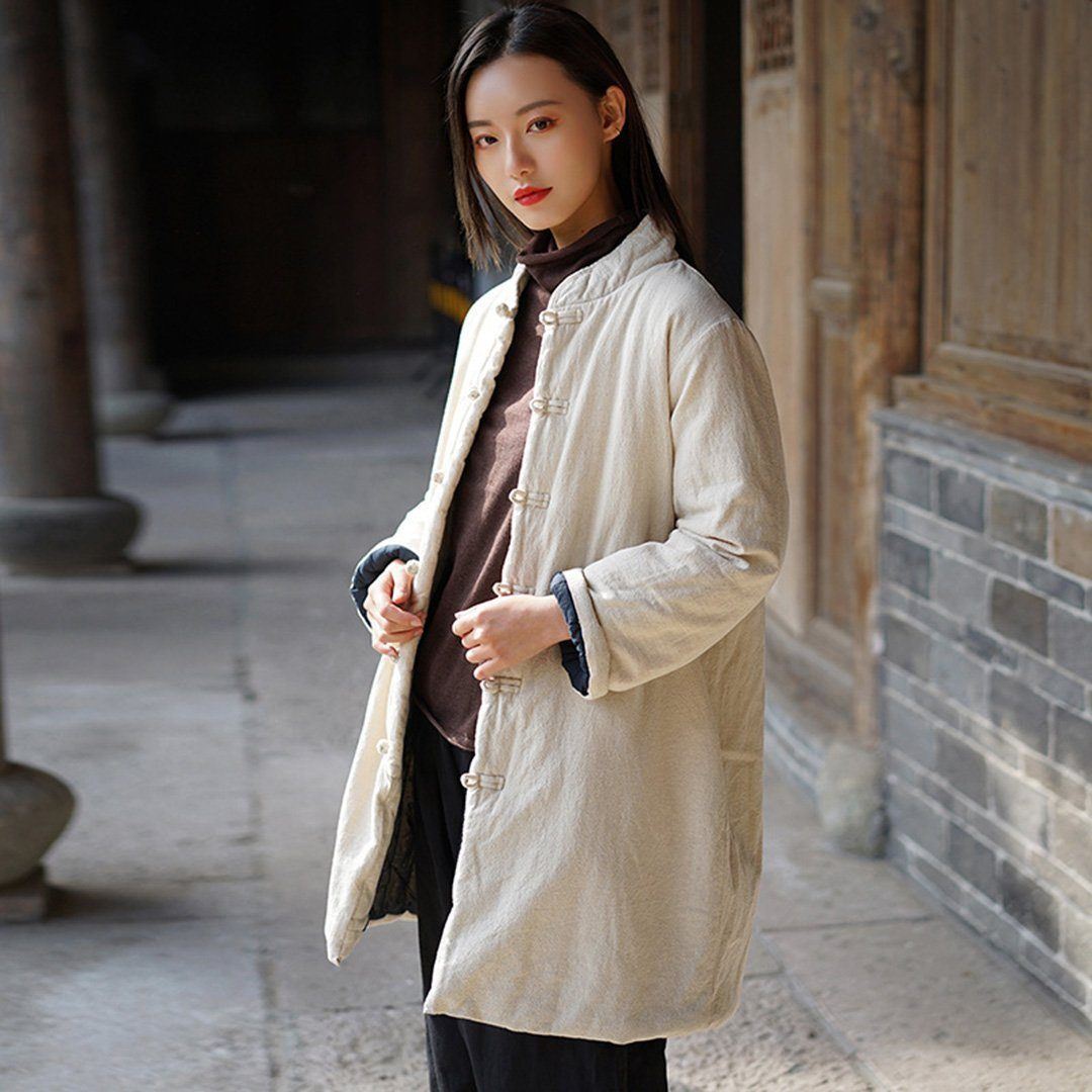 Stand Collar Cotton Linen Solid Coat