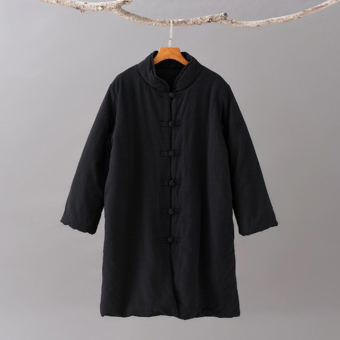 Stand Collar Cotton Linen Solid Coat 2019 New December One Size Black 