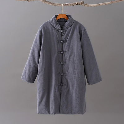 Stand Collar Cotton Linen Solid Coat 2019 New December One Size Gray 