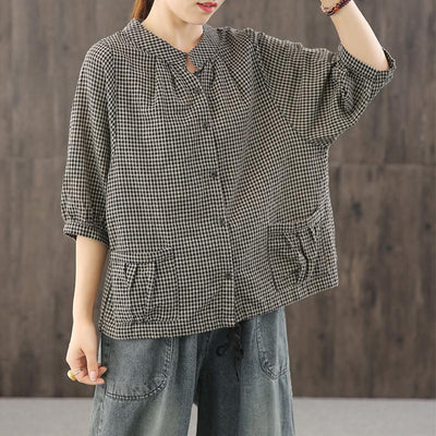 Straight Women's Single-Breasted Plaid Shirt August 2020-New Arrival One Size Gray 