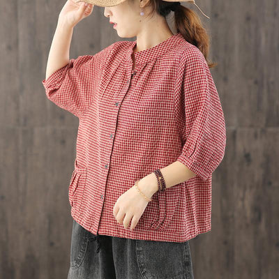 Straight Women's Single-Breasted Plaid Shirt August 2020-New Arrival One Size Red 