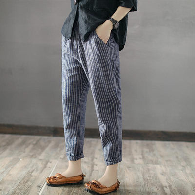 Striped Casual Cropped Linen Harem Pants S-5XL Jan 2021-New Arrival S Navy 