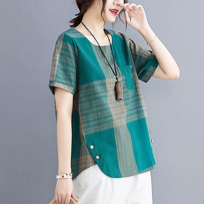 Striped Cotton And Linen T-shirt Loose Round Neck Top August 2020-New Arrival 