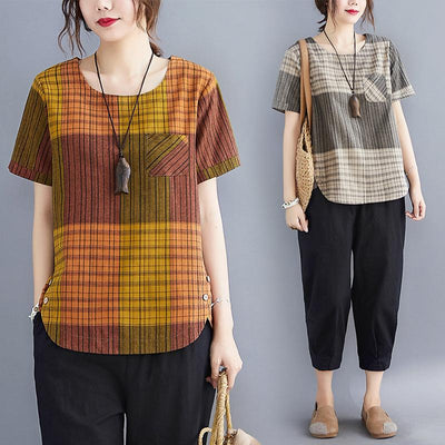 Striped Cotton And Linen T-shirt Loose Round Neck Top