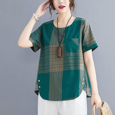 Striped Cotton And Linen T-shirt Loose Round Neck Top August 2020-New Arrival M Green 