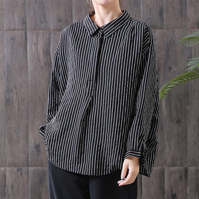 Stripes Back Belt High Low Loose Casual Blouse