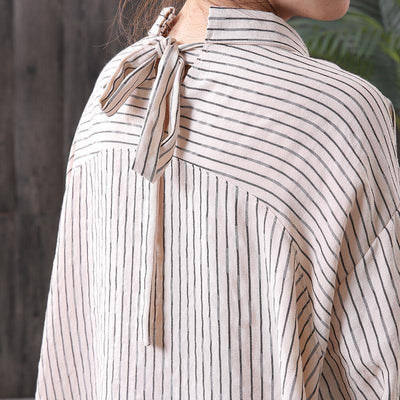 Stripes Back Belt High Low Loose Casual Blouse