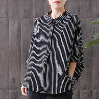 Stripes Back Belt High Low Loose Casual Blouse 2019 April New One Size Black 