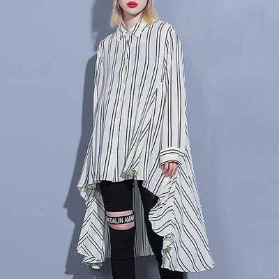 Stripes Long Sleeve Gathered Asymmetrical High Low Shirt 2019 April New 