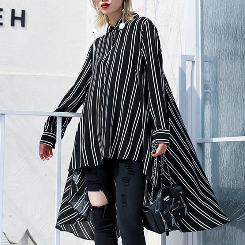 Stripes Long Sleeve Gathered Asymmetrical High Low Shirt 2019 April New One Size Black 