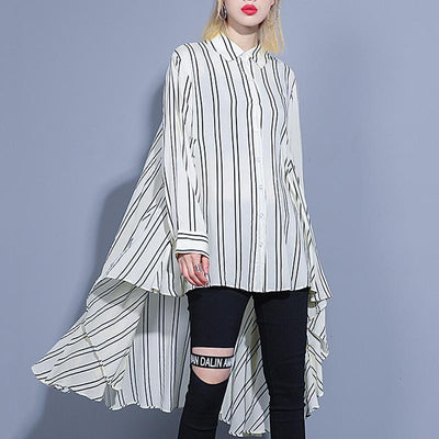Stripes Long Sleeve Gathered Asymmetrical High Low Shirt 2019 April New One Size White 