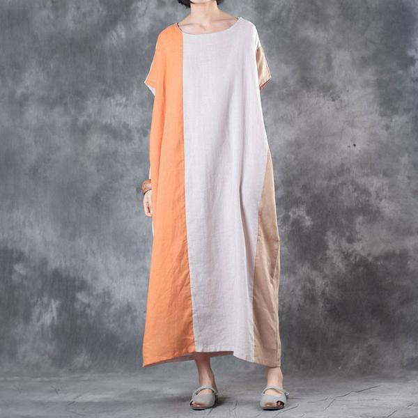 Simple Round Neck Short Sleeves Summer Linen Dress