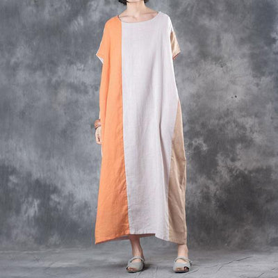 Simple Round Neck Short Sleeves Summer Linen Dress