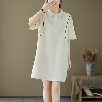 Sumemr Stylish Polo Neck Cotton Casual Mini dress May 2023 New Arrival One Size Beige 