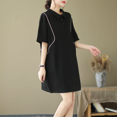Sumemr Stylish Polo Neck Cotton Casual Mini dress May 2023 New Arrival One Size Black 