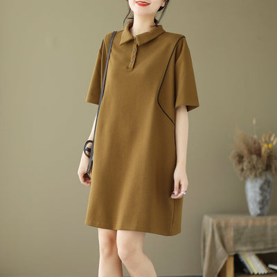 Sumemr Stylish Polo Neck Cotton Casual Mini dress May 2023 New Arrival One Size Dark Khaki 