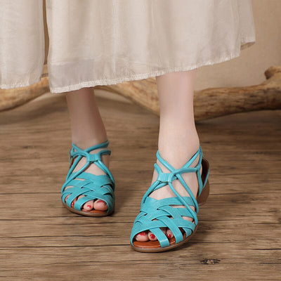 Sumer Retro Plaited Leather Low Chunky Heel Sandals May 2023 New Arrival 