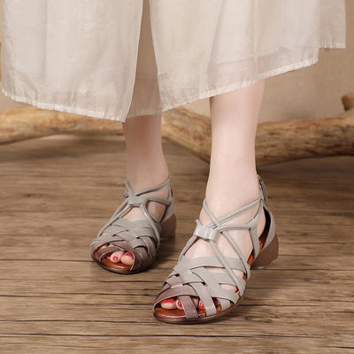 Sumer Retro Plaited Leather Low Chunky Heel Sandals May 2023 New Arrival 