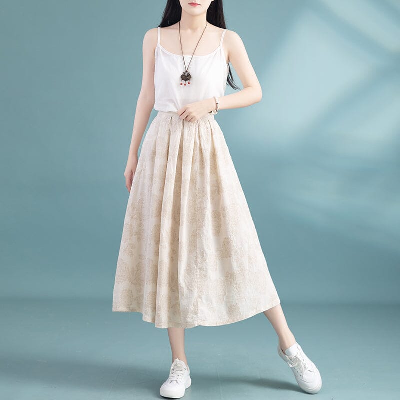 Summer A-Line Cotton Linen Figured Skirt
