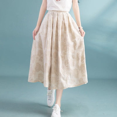 Summer A-Line Cotton Linen Figured Skirt May 2023 New Arrival One Size Beige 
