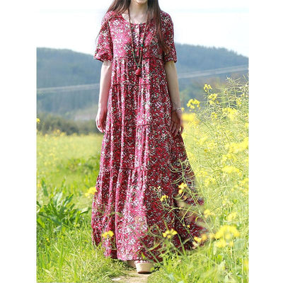 Summer Boho Floral Loose Cotton Linen Dress Aug 2021 New-Arrival 