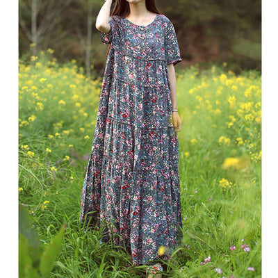 Summer Boho Floral Loose Cotton Linen Dress Aug 2021 New-Arrival S Blue 