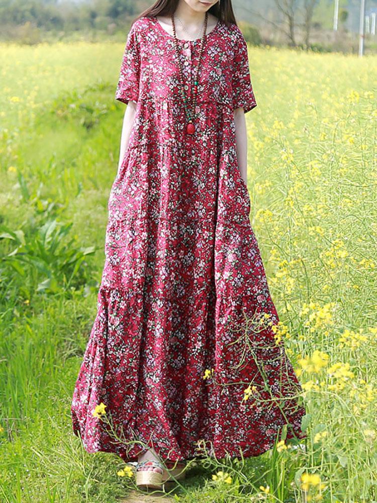 Summer Boho Floral Loose Cotton Linen Dress