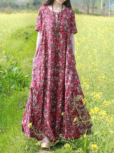 Summer Boho Floral Loose Cotton Linen Dress Aug 2021 New-Arrival S Red 