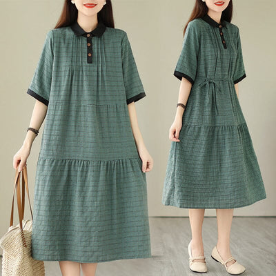 Summer Casual Cotton Linen Plaid Dress