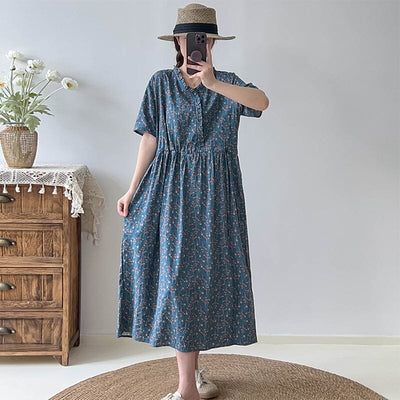 Summer Casual Floral Cotton Linen Dress Aug 2023 New Arrival One Size Blue 