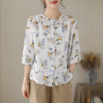 Summer Casual Floral Print Linen Blouse Apr 2023 New Arrival White One Size 