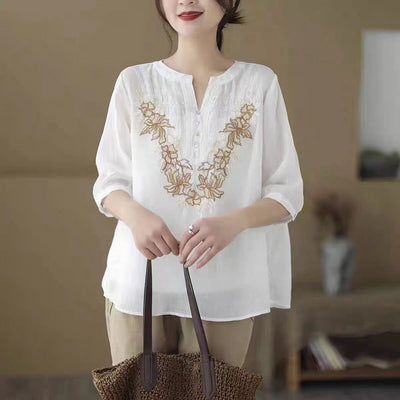 Summer Casual Linen Embroidery Retro Loose T-Shirt May 2023 New Arrival 