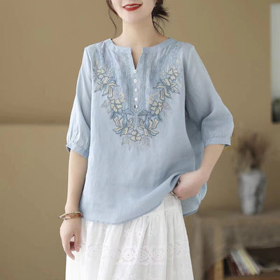 Summer Casual Linen Embroidery Retro Loose T-Shirt May 2023 New Arrival Light Blue One Size 
