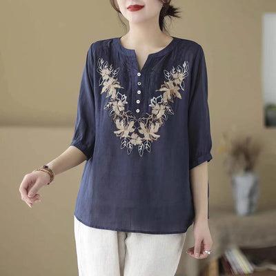Summer Casual Linen Embroidery Retro Loose T-Shirt May 2023 New Arrival Navy One Size 