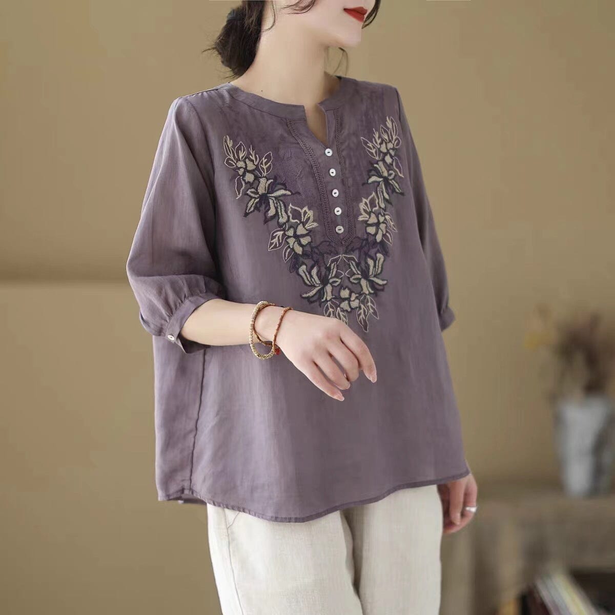 Summer Casual Linen Embroidery Retro Loose T-Shirt May 2023 New Arrival Purple One Size 