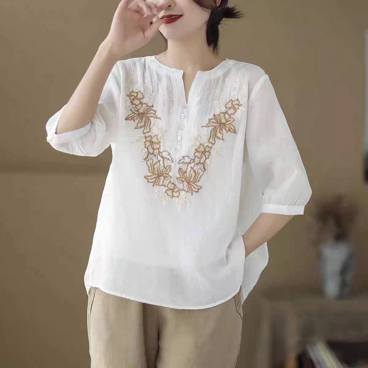 Summer Casual Linen Embroidery Retro Loose T-Shirt May 2023 New Arrival White One Size 