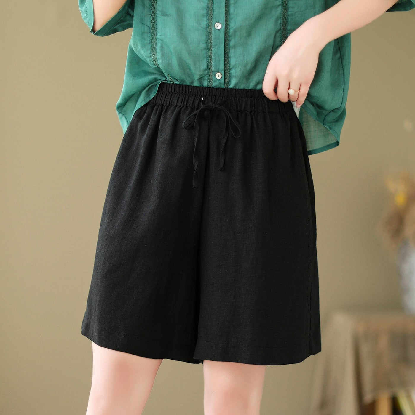 Summer Casual Loose Minimalist Linen Shorts Jun 2023 New Arrival One Size Black 