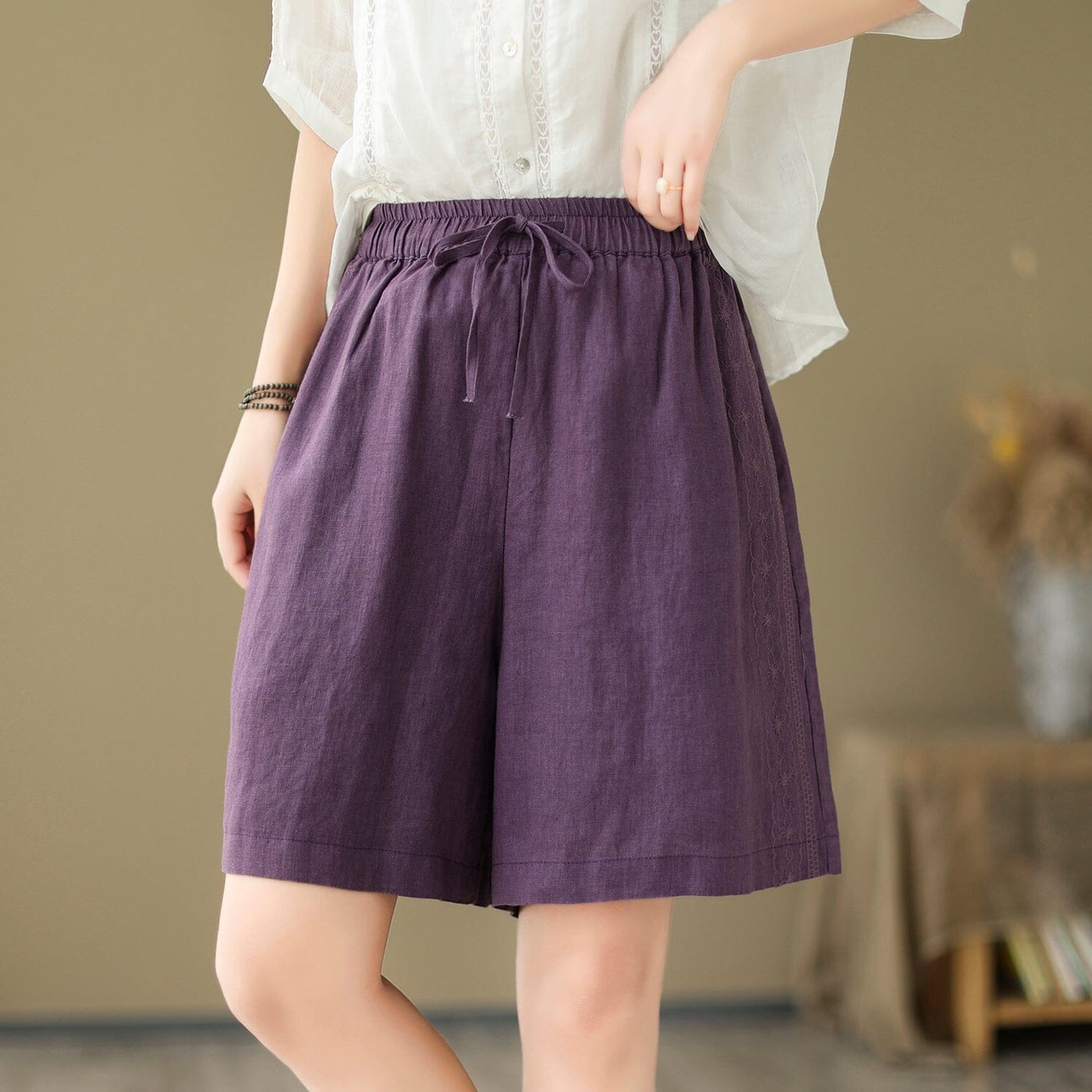 Summer Casual Loose Minimalist Linen Shorts Jun 2023 New Arrival One Size Purple 