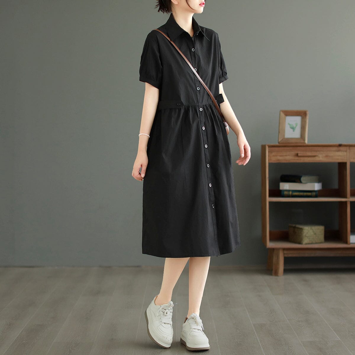 Summer Casual Loose Solid Cotton Dress May 2023 New Arrival One Size Black 