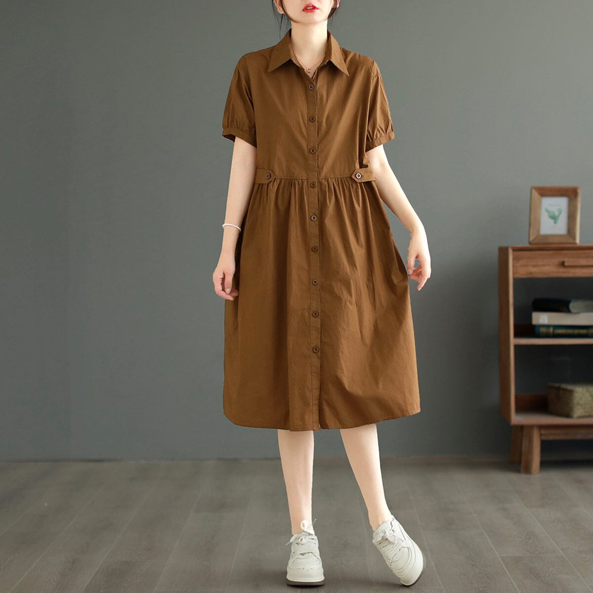 Summer Casual Loose Solid Cotton Dress May 2023 New Arrival One Size Coffee 