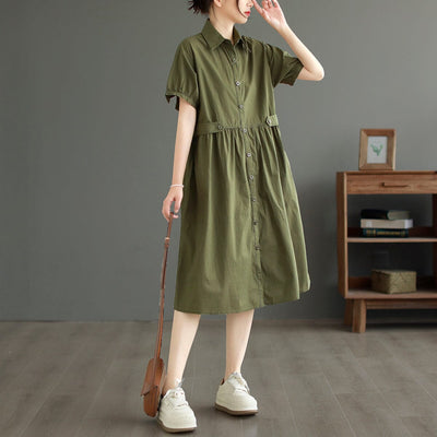 Summer Casual Loose Solid Cotton Dress May 2023 New Arrival One Size Dark Green 