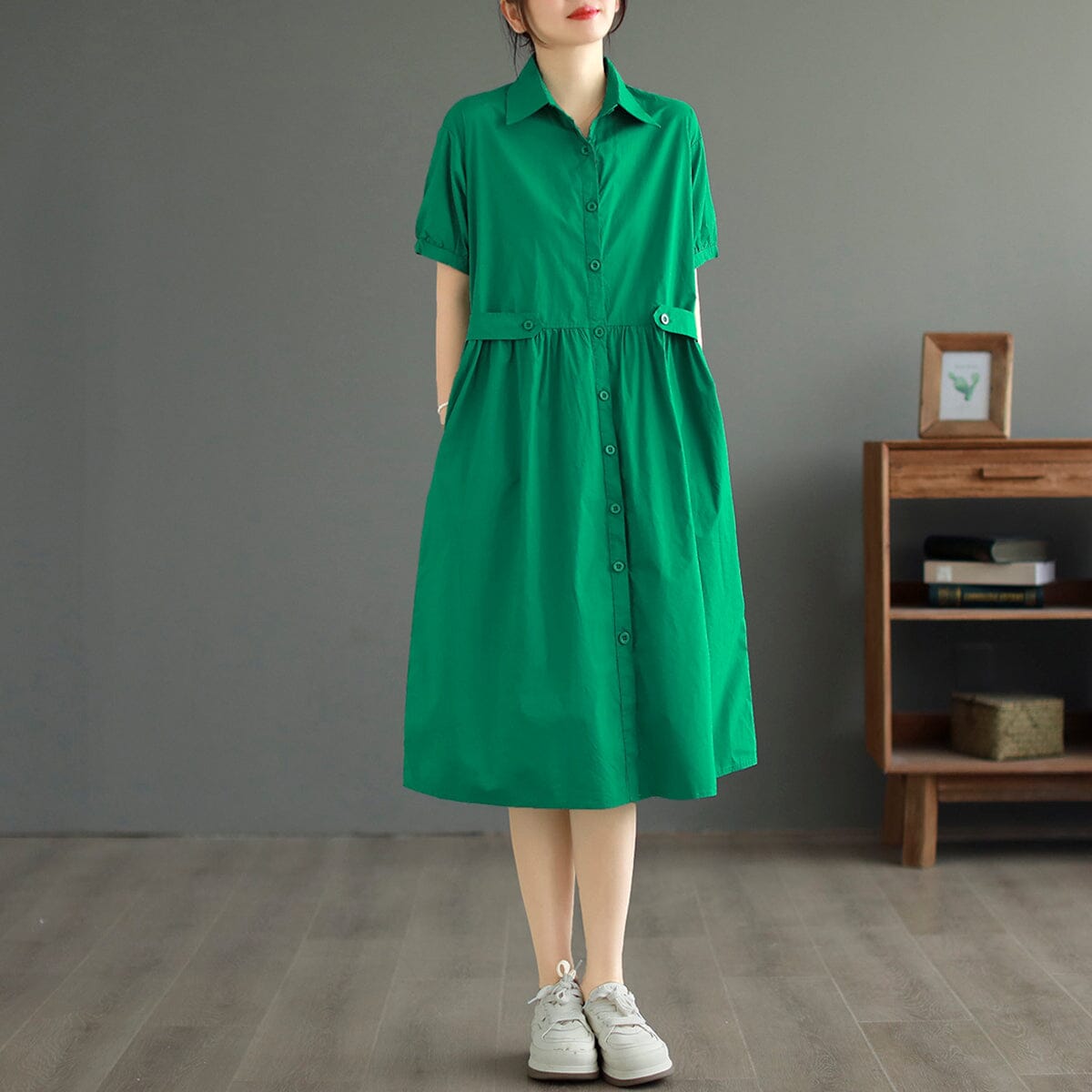 Summer Casual Loose Solid Cotton Dress May 2023 New Arrival One Size Green 