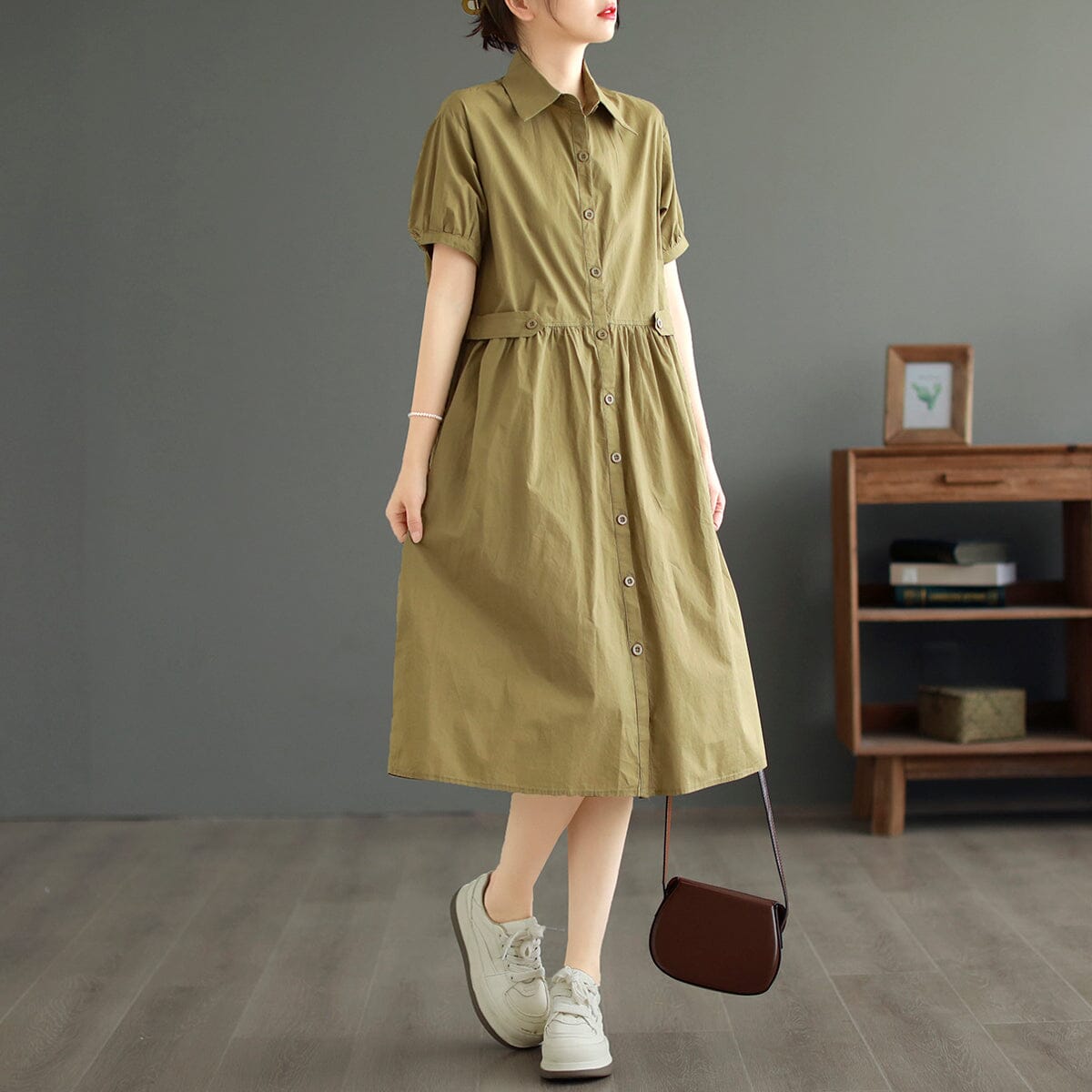 Summer Casual Loose Solid Cotton Dress May 2023 New Arrival One Size Khaki 