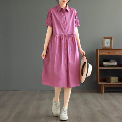 Summer Casual Loose Solid Cotton Dress May 2023 New Arrival One Size Rose Red 